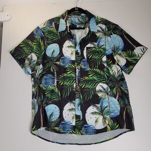 Hisdern Mens XL Hawaiian Shirt Black Palm Tree Tropical Beach Print Button Front